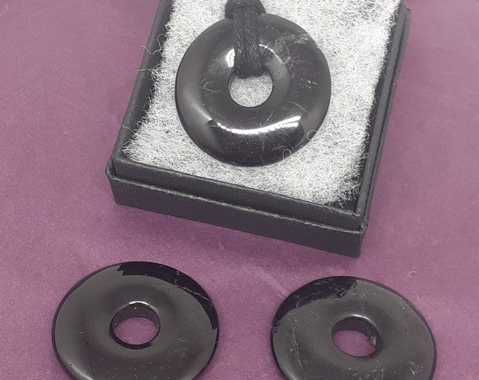 Black Tourmaline -30 mm Donut Pendant- Black Cord- Perfect gift for yourself- a friend or a Loved one
