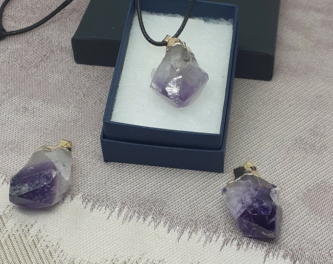 Amethyst- Gold Plated- Black Cord -Gift-Yourself- Friends-Family-Loved One-Gift Box
