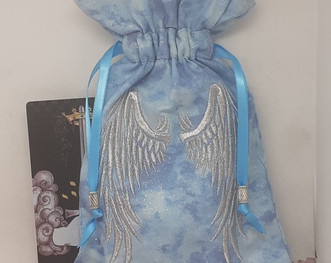 Deluxe Tarot cards pouch Bag, lined pouch, handmade -Embroidery- Angel Wings-Tibetan Silver Beads- New Design