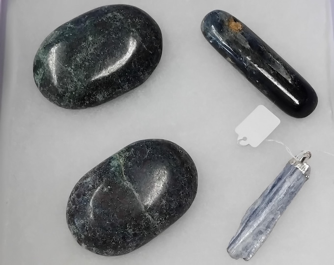Kyanite with Ruby x 2 Soapstones-x 1 Kyanite Wand-x 1 Kyanite Pendant- Black Cord-Gift Set-Gift-Yourself-Friends-Family-Loved One