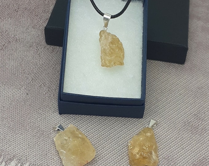 Citrine- Silver Plated-Rough Pendant- Black Cord -blocks psychic attack -Gift-Yourself- Friends-Family-Loved One-Gift Box