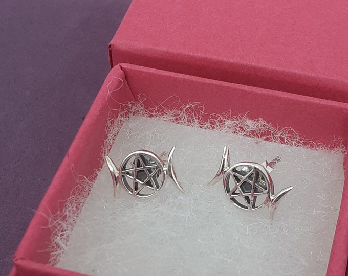 Triple Moon Pentacle Stud Earrings Sterling Silver 925 "Goddess Collection" Lovely Gift Yourself Friends Family-Loved One