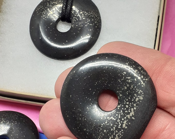 Pyrite in Schist-Donut -40 mm-  Black Cord-The Stone of Openness- NEW- Gift Box