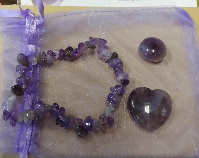 Amethyst- Chip Bracelet-Small Heart-Small Tumble Stone-Organza Bag-Gift-Yourself-Friends-Family-Loved One
