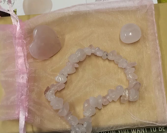 Rose Quartz- Chip Bracelet-Small Heart-Small Tumble Stone-Organza Bag-Gift-Yourself-Friends-Family-Loved One