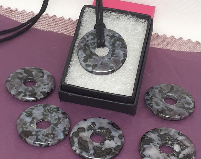 Gabbro- Mystic Merlinite-Donut -30 mm-  Black Cord-Creativity-stone of prosperity- NEW- Gift Box