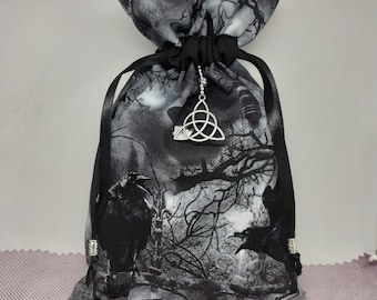 Deluxe Tarot cards pouch Bag, lined pouch, handmade -Black Crow-Celtic Charm-Tibetan Silver Beads- New Design