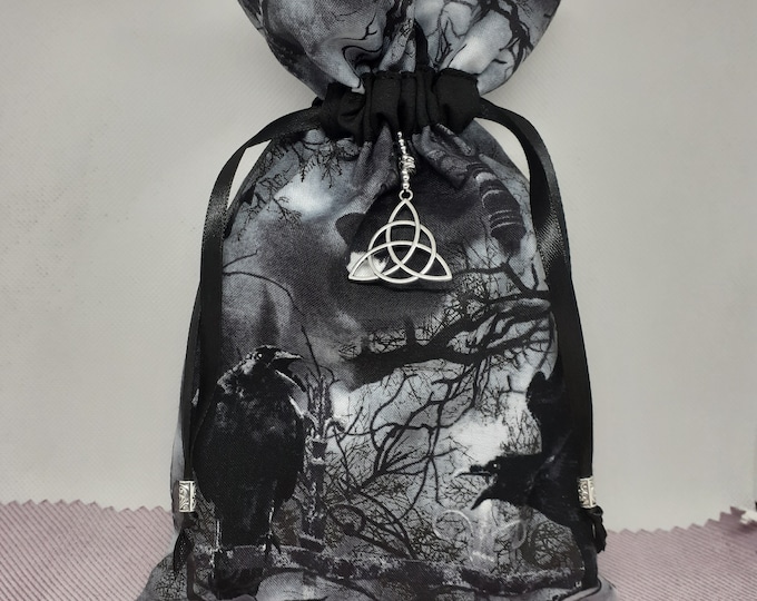Deluxe Tarot cards pouch Bag, lined pouch, handmade -Black Crow-Celtic Charm-Tibetan Silver Beads- New Design