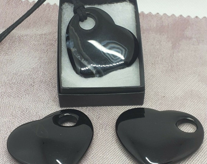 Black Agate Heart Pendant- 50 mm - Black Cord- Gift Box- Gift Yourself- Friend- Family -Loved One