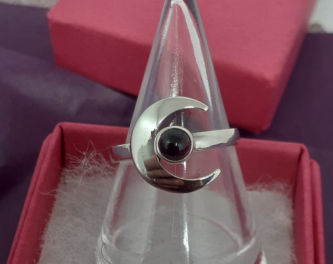 Sterling Silver Garnet Crescent Moon Ring - Goddess Collection