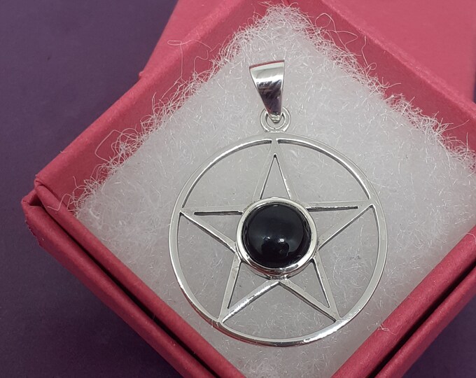 Pendant -Sterling Silver 925 Pendant Pentagram 25 mm -The "Goddess Collection" Black Obsidian- Psychic ability