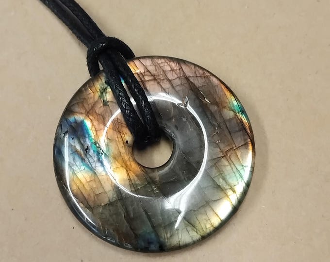 Labradorite-Donut -40 mm-  Black Cord- NEW- Gift Box