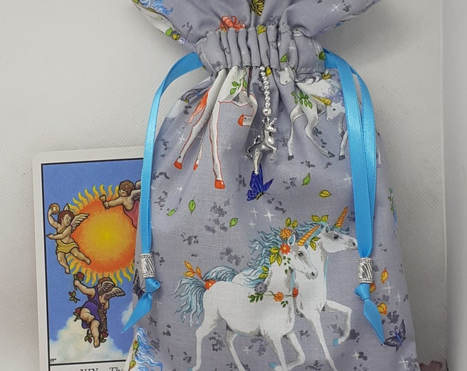 Deluxe Tarot cards pouch Bag, lined pouch, handmade -Unicorn- Charm-Tibetan Silver Beads- New Design