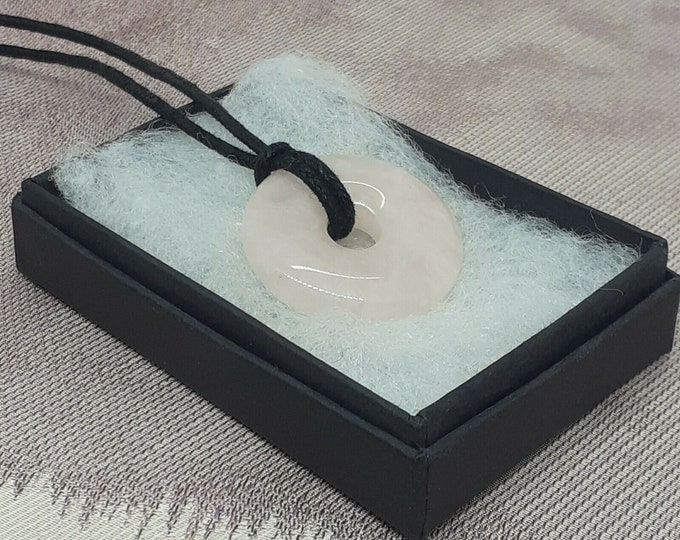 Rose Quartz- Donut Pendant- 30 mm -Black Cord-stone of universal love-Gift for Yourself- Friend-Loved One-Gift Box