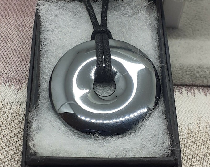 Haematite- Round Donut - Black Cord- 40 mm - A "stone for the mind"- Perfect gift for yourself- a friend or a Loved one