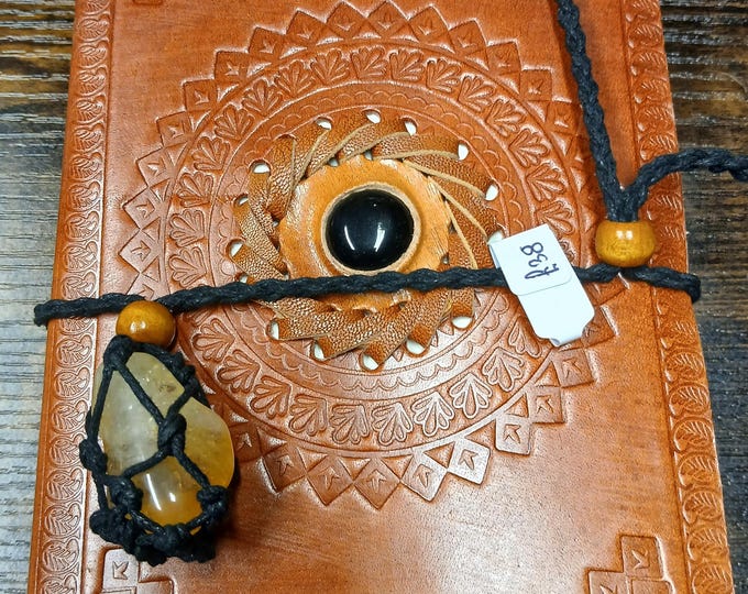 Leather-Black Onyx-Notebook-Journal- 7" x 5"-Wrapped with Crystal Citrine Gemstone-New- Gift-Yourself-Friends-Family-Loved One