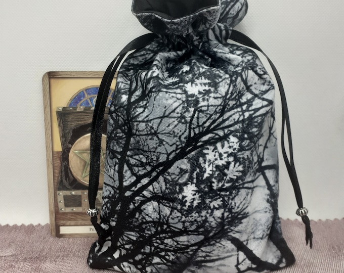 Tarot cards- Oracle- pouch Bag- lined -handmade -Black-Silver-Trees- Ribbon- Silver Coloured Beads