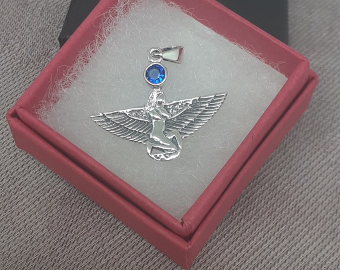 Pendant -Sterling Silver 925 Pendant Winged Isis - The "Goddess Collection" 25 mm -Blue Sapphire CZ