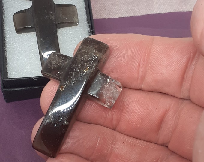 Cross Bevelled Smokey Quartz -Pendant- Black Cord- Gift-Yourself- Friends-Family- Loved One- Gift Box