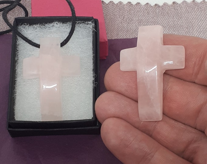 Cross Bevelled- Rose Quartz- "A" Grade -Pendant- Black Cord- Gift-Yourself- Friends-Family- Loved One- Gift Box