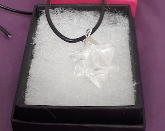 Clear Quartz- Merkaba- Pendant-Handmade-Genuine Black Leather Cord-Silver 925 Jump Ring-Gift Box