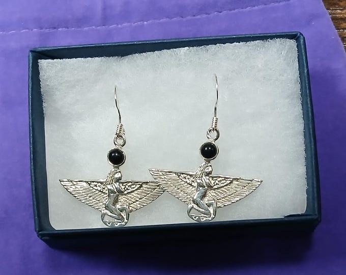 Winged Isis-Earrings -Sterling Silver 925 - The "Goddess Collection" -Black Obsidian-Gift- Yourself- Friends- Family- Loved One