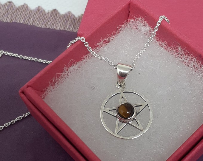 Tigers Eye -Pendant Sterling Silver 925 Small Pendant Pentagram "Goddess Collection"  14 mm- Gift Box