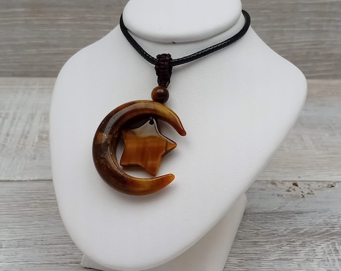 Tigers Eye Moon & Star Pendant Necklace- Cord - Gift-Yourself- Friends-Family-Loved One-Gift Box
