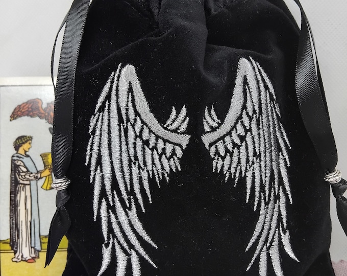 Deluxe Velvet Tarot cards pouch Bag, lined pouch, handmade -Embroidery- Angel Wings -Tibetan Silver Beads- New Design