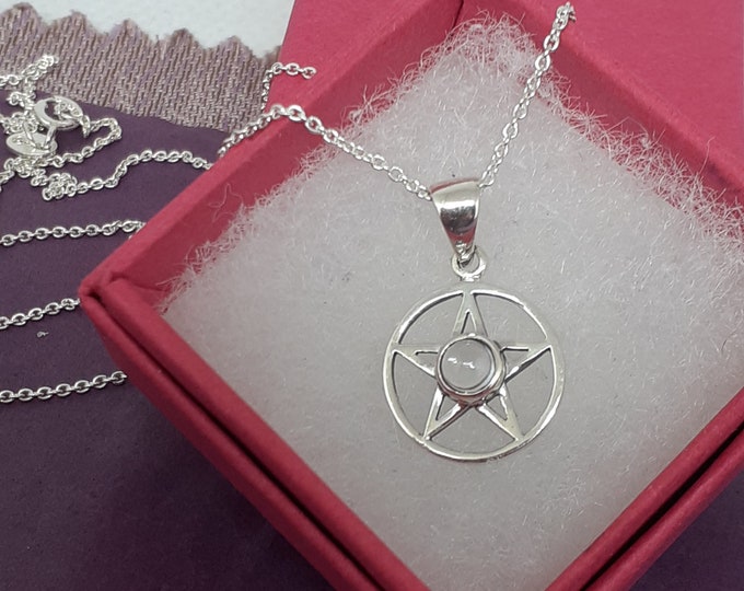 Clear Quartz -Pendant Sterling Silver 925 Small Pendant Pentagram "Goddess Collection"  14 mm- Gift Box