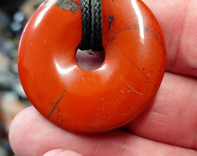 Red Jasper -Donut -40 mm-  Black Cord- NEW- Gift Box