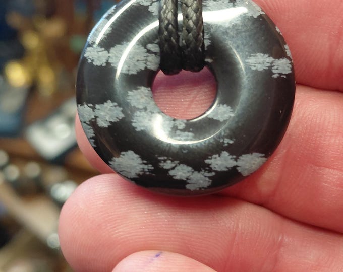Snowflake Obsidian -Donut -30 mm-  Black Cord- NEW- Gift Box