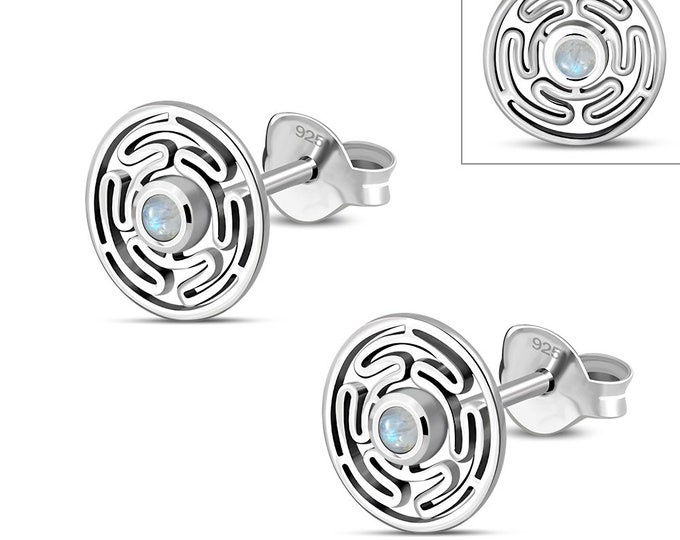 Hecates Wheel Earrings Rainbow Moonstone Sterling Silver 925 Stud Earrings The "Goddess Collection" 10 mm-Gift Box