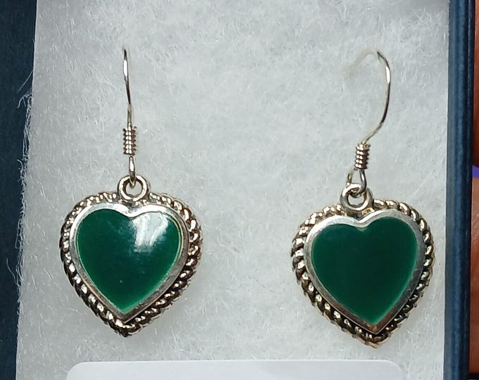 Green Onyx-Ethnic Heart- Earrings- Sterling Silver 925 "Goddess Collection"  Gift-Yourself-Friends-Family- Loved One-Gift Box