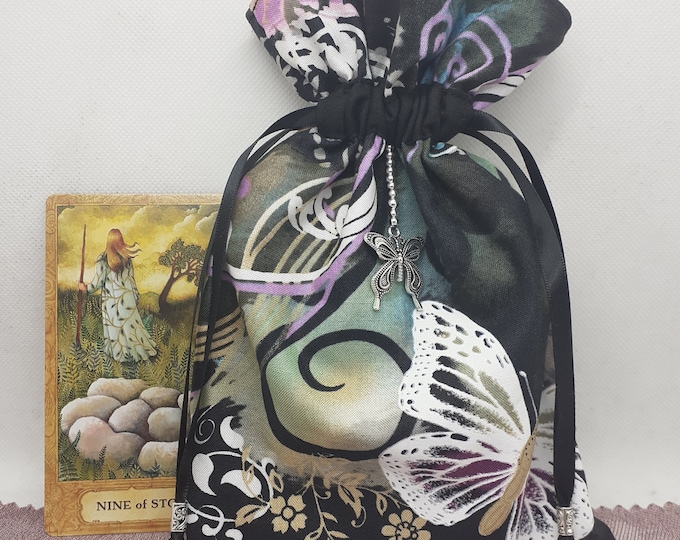 Deluxe Tarot cards pouch Bag, lined pouch, handmade -Butterfly Charm- Beads- New Design