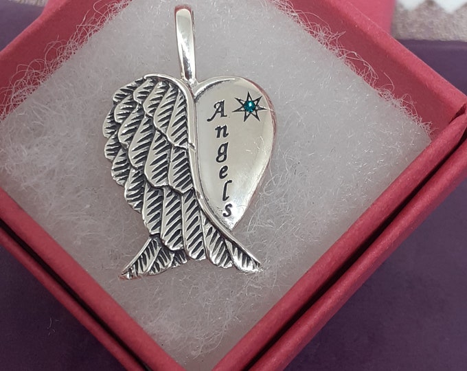 Green CZ  "Angels "- Wings -Pendant Sterling Silver 925  "Goddess Collection"- Lovely Gift- Yourself- Friends Family Loved One