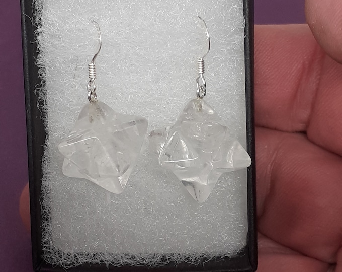 Clear Quartz- Merkaba- Drop-Dangle-Earrings -Handmade-Silver 925 Hooks-Gift Box