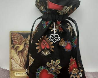 Deluxe Tarot cards pouch Bag, lined pouch, handmade -Hearts-Celtic Charm- Beads- New Design