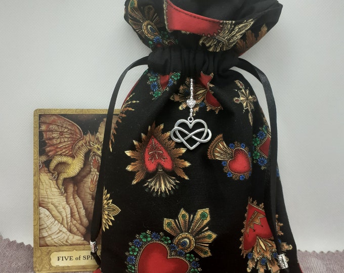 Deluxe Tarot cards pouch Bag, lined pouch, handmade -Hearts-Celtic Charm- Beads- New Design