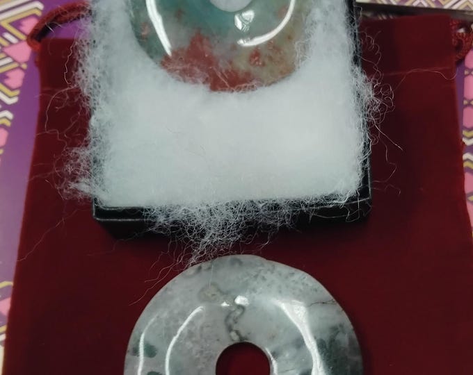 Moss Agate-50 mm-Donut-Pendant- Black Cord - Gift-Yourself- Friends-Family-Loved One-Gift Box