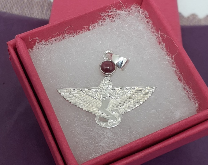 Pendant -Sterling Silver 925 Pendant Winged Isis - The "Goddess Collection" 25 mm -Garnet-Past life recall-Positive thoughts