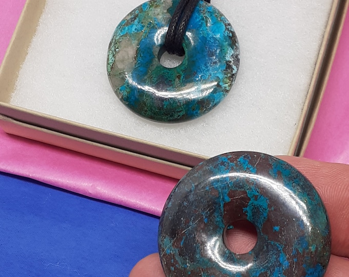 Chrysocolla -AAA Grade-40 mm Donut Pendant- Black Cord- Perfect gift for yourself- a friend or a Loved one