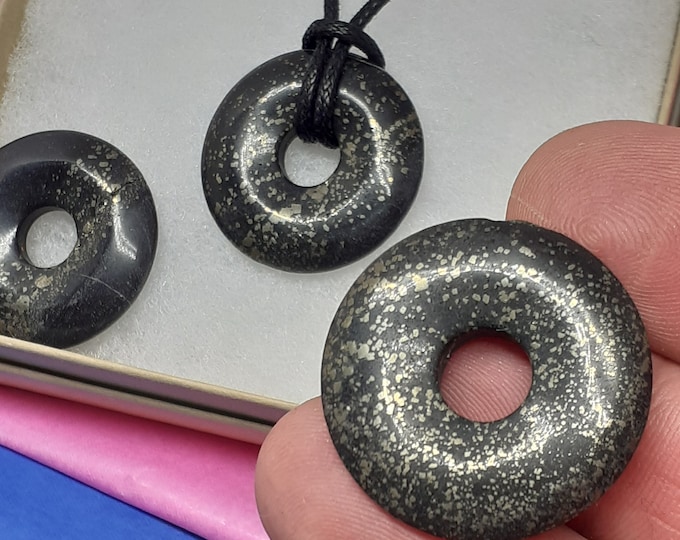 Pyrite in Schist-Donut -30 mm-  Black Cord-The Stone of Openness- NEW- Gift Box