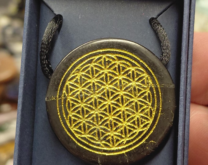 Shungite- Gold Flower of Life-Gemstone on Black Cord