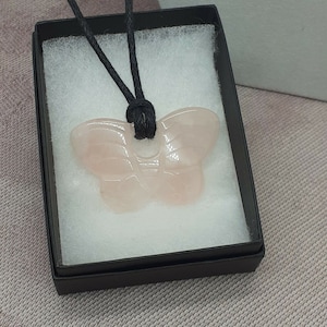 Rose Quartz- Butterfly Pendant 40 mm x 25 mm Black Cord- Gift Box- Gift Yourself- Friend- Family -Loved One