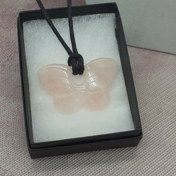 Rose Quartz- Butterfly Pendant 40 mm x 25 mm Black Cord- Gift Box- Gift Yourself- Friend- Family -Loved One