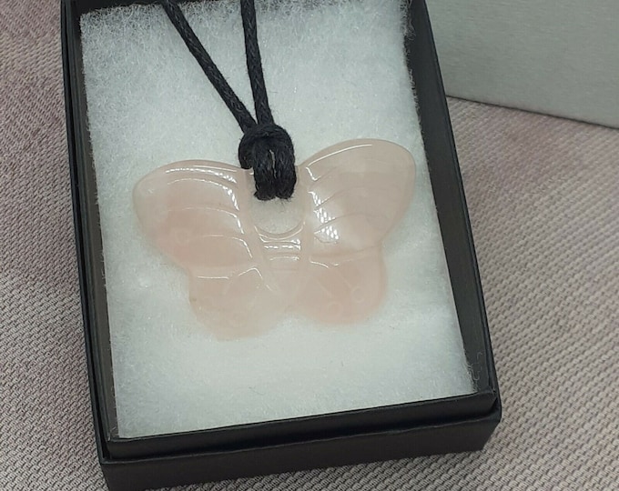 Rose Quartz- Butterfly Pendant 40 mm x 25 mm Black Cord- Gift Box- Gift Yourself- Friend- Family -Loved One