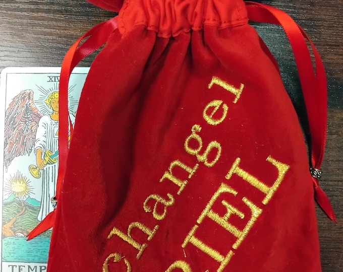 Deluxe Tarot cards pouch Bag, lined pouch, handmade -Embroidery- Archangel Uriel-Tibetan Silver Beads- New Design- VELVET