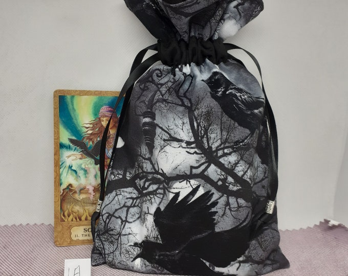 Deluxe Tarot cards pouch Bag, lined pouch, handmade -Black Crow-Celtic Charm-Tibetan Silver Beads- New Design