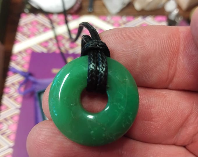 Chrysoprase -Donut-30 mm-Pendant- Black Cord- Gift-Yourself- Friends-Family- Loved One- Gift Box